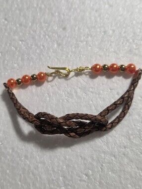 Handcrafted Orange Faux Pearl & Brown Braided Leather Bracelet